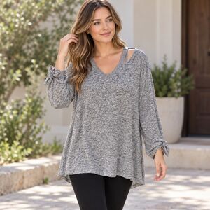 Altar'd State Small Gray Marled V Neck Cutout Shoulder Tunic Top